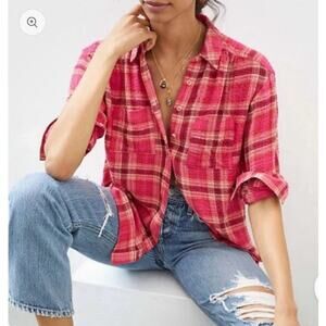 Anthropologie Pilcro Hadley Pink Red Plaid Relaxed Button Up Shirt Sz Xs